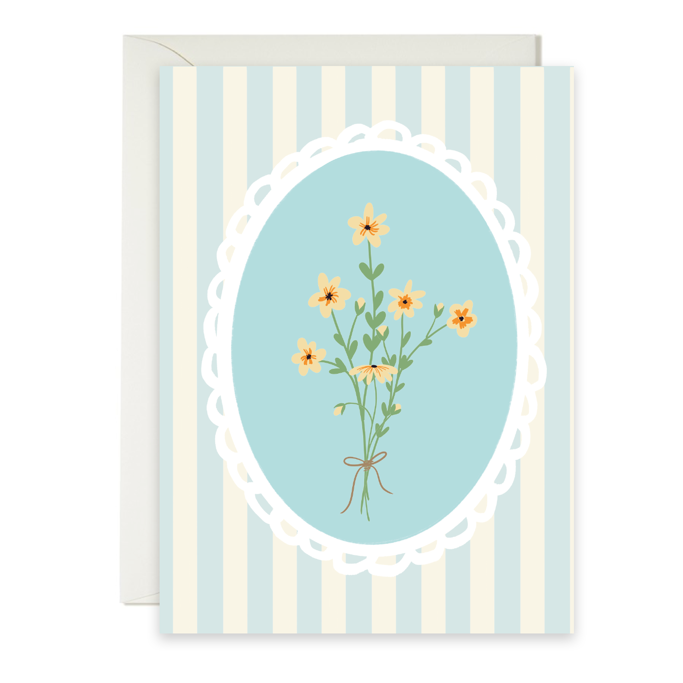 Greeting card with floral design on a blue striped background