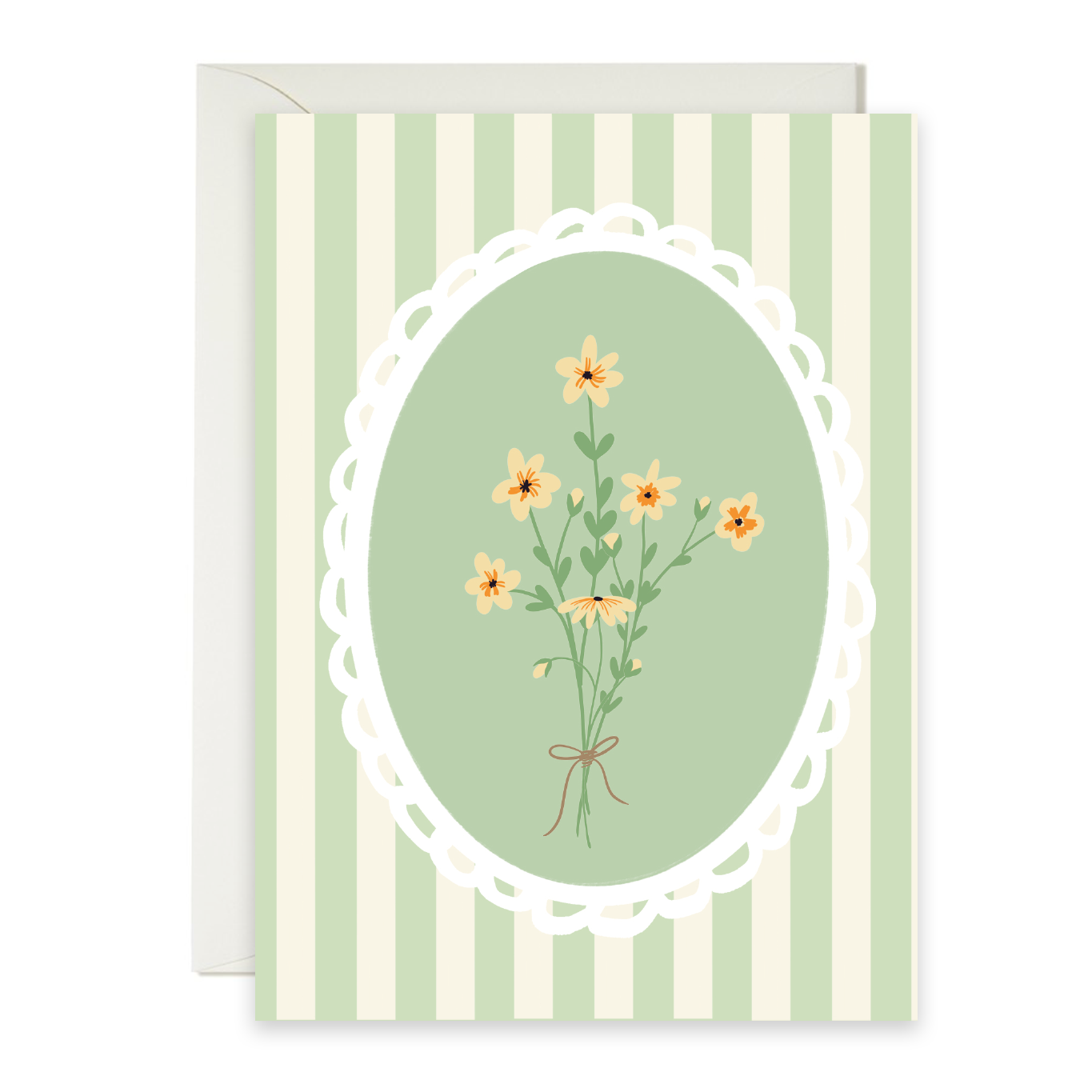 Greeting card with floral design and green striped border on a white background