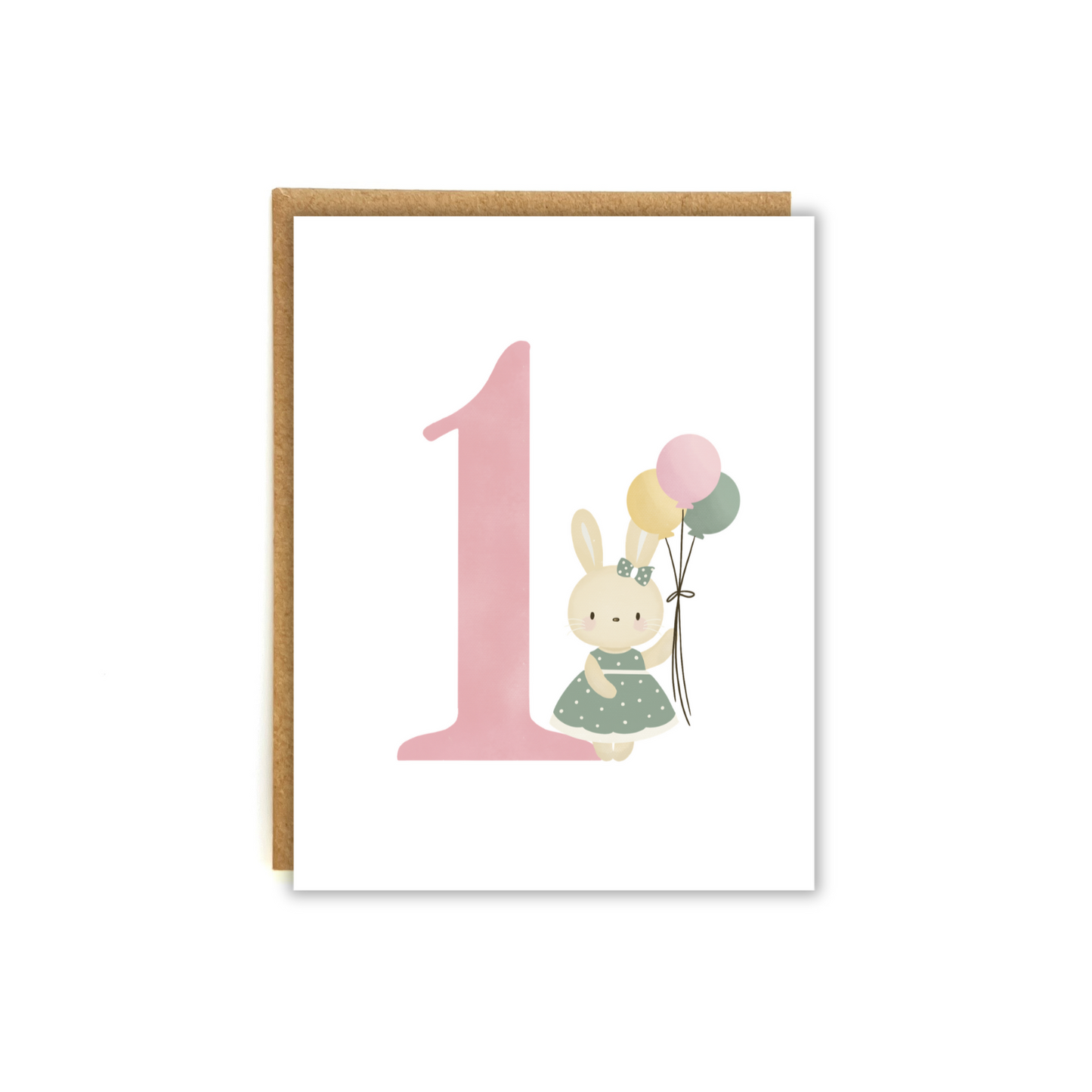 Cute bunny wearing green dress holding bundle of balloons. Standing next to a big "1"