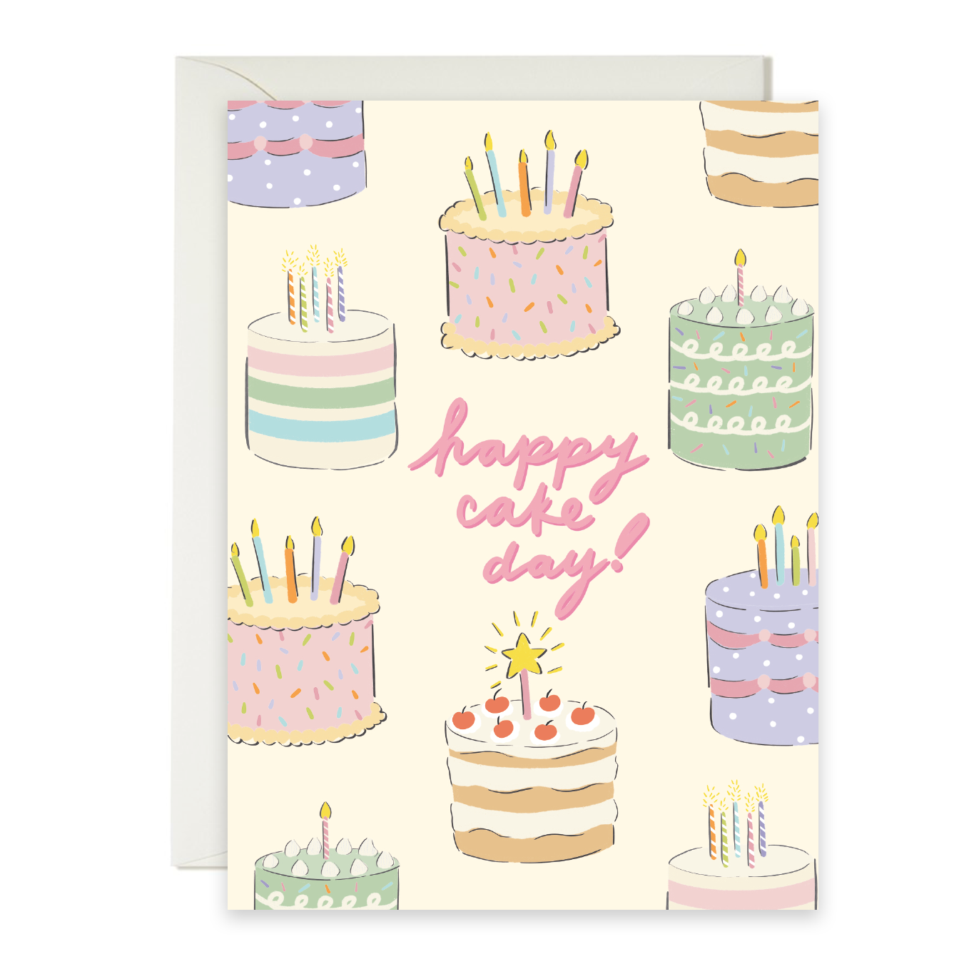 Greeting card with illustrations of cakes and 'happy cake day!' text on a white background