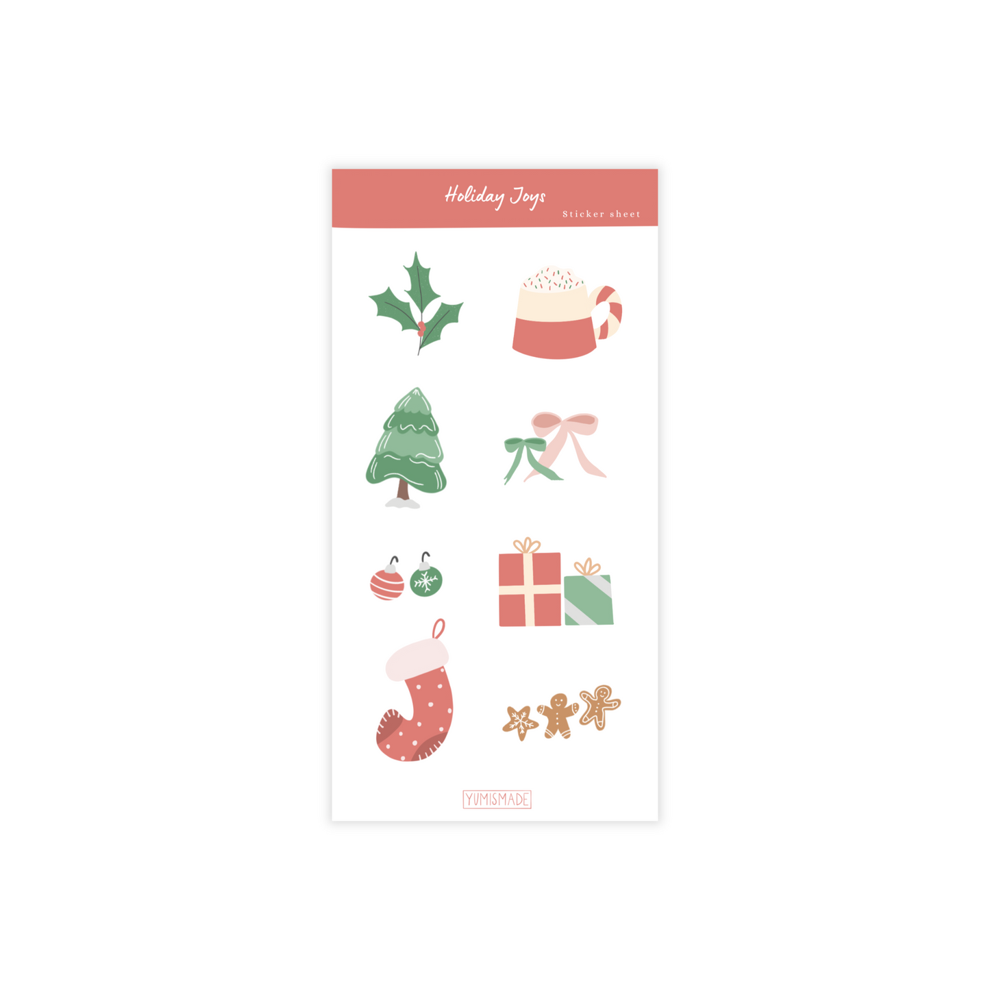 Sticker sheet featuring illustrations of festive holiday joys like trees, ornaments, cocoa
