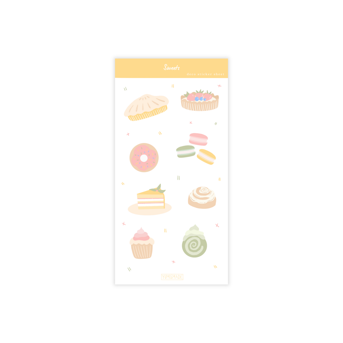 Sticker sheet with dessert sticker illustrations like pies, tarts, donuts, macarons, cinnamon rolls.