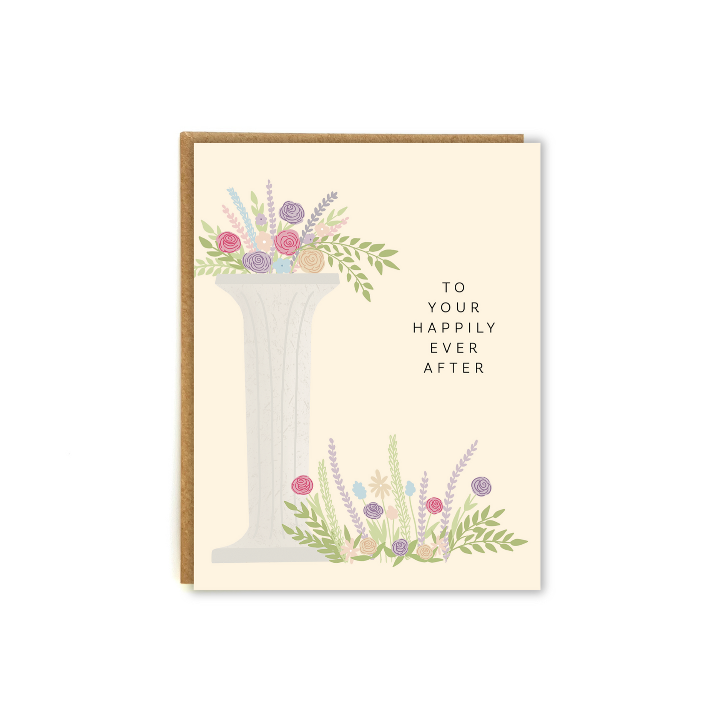 A wedding card featuring beautiful florals and the phrase "to your happily ever after"