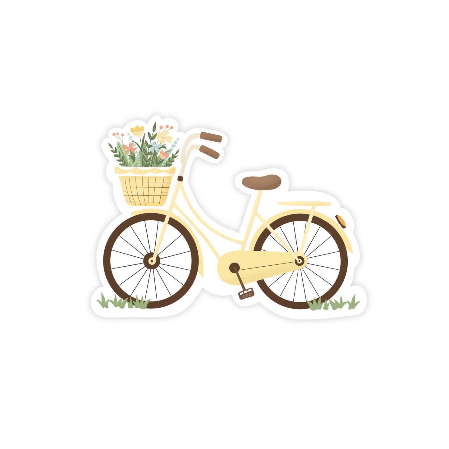 Sticker illustration of a cute yellow bike with a front basket of flowers