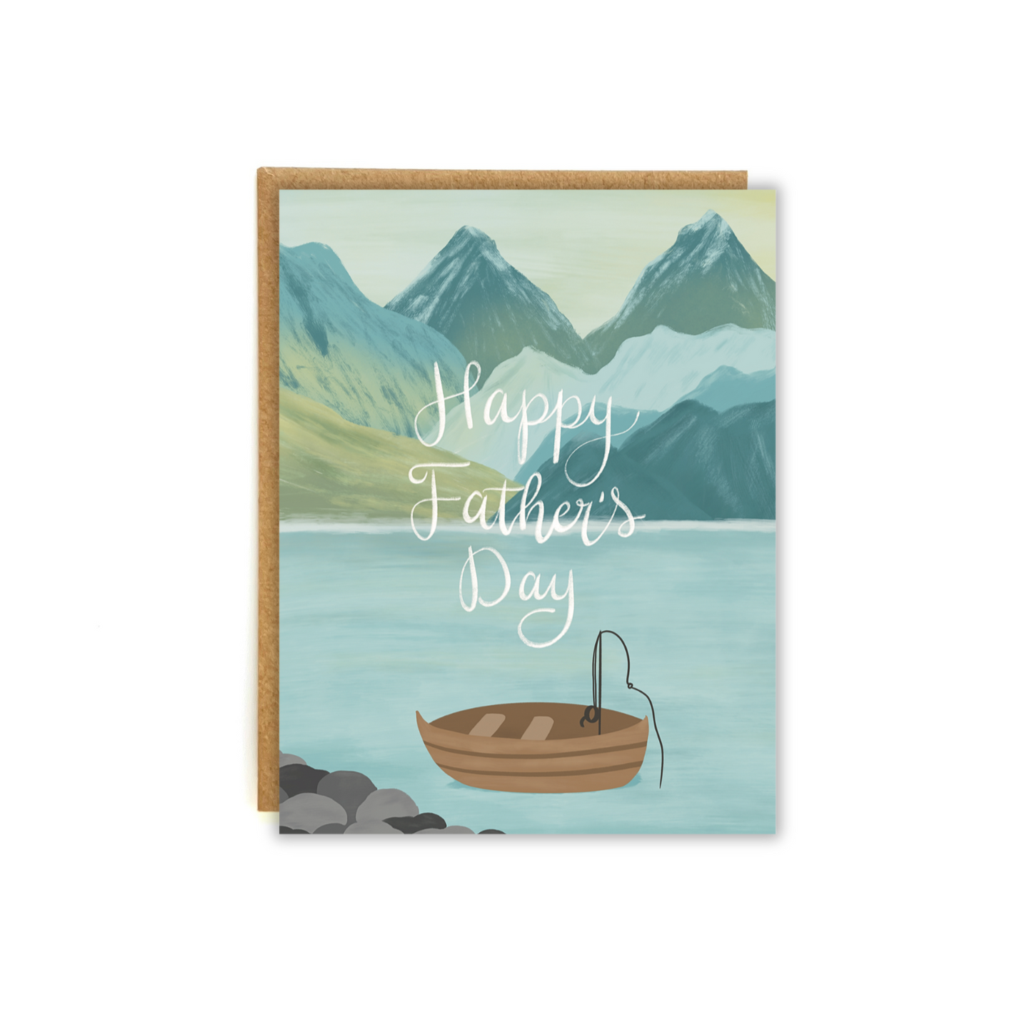 Fishing boat with grand mountain in the background with the words "Happy father's day"