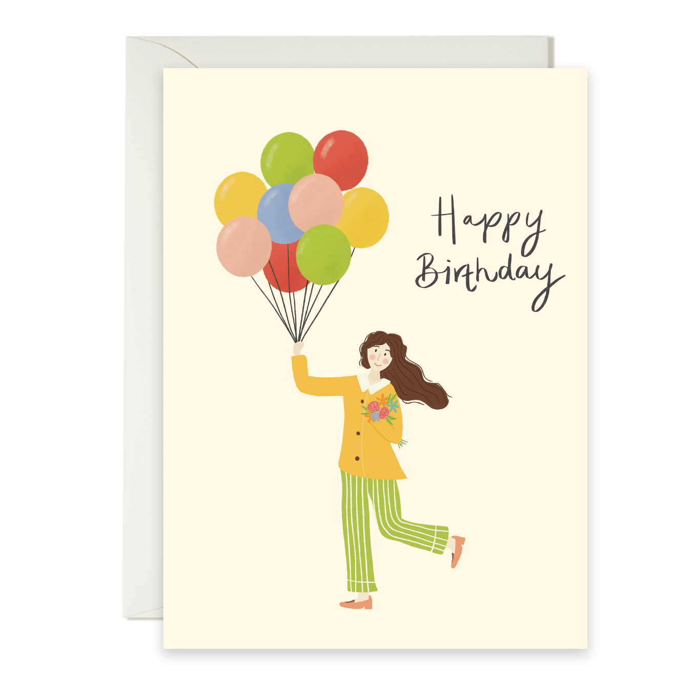 Cheerful greeting card with illustration of a girl holding balloons and 'Happy Birthday' text.