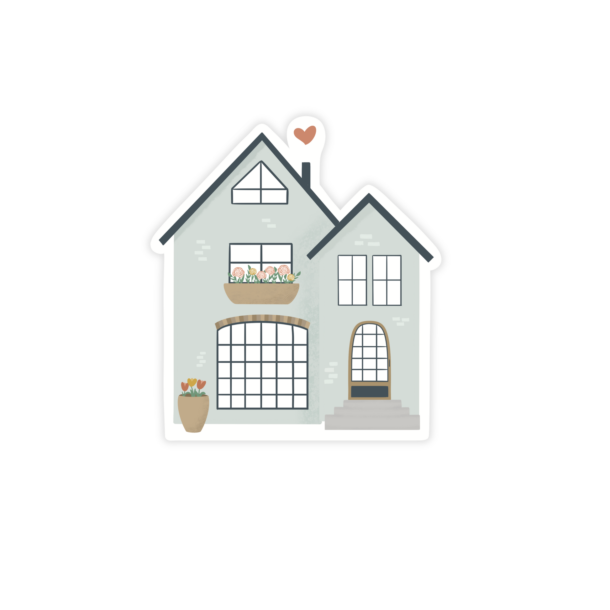 Blue brick house with decorative flowers