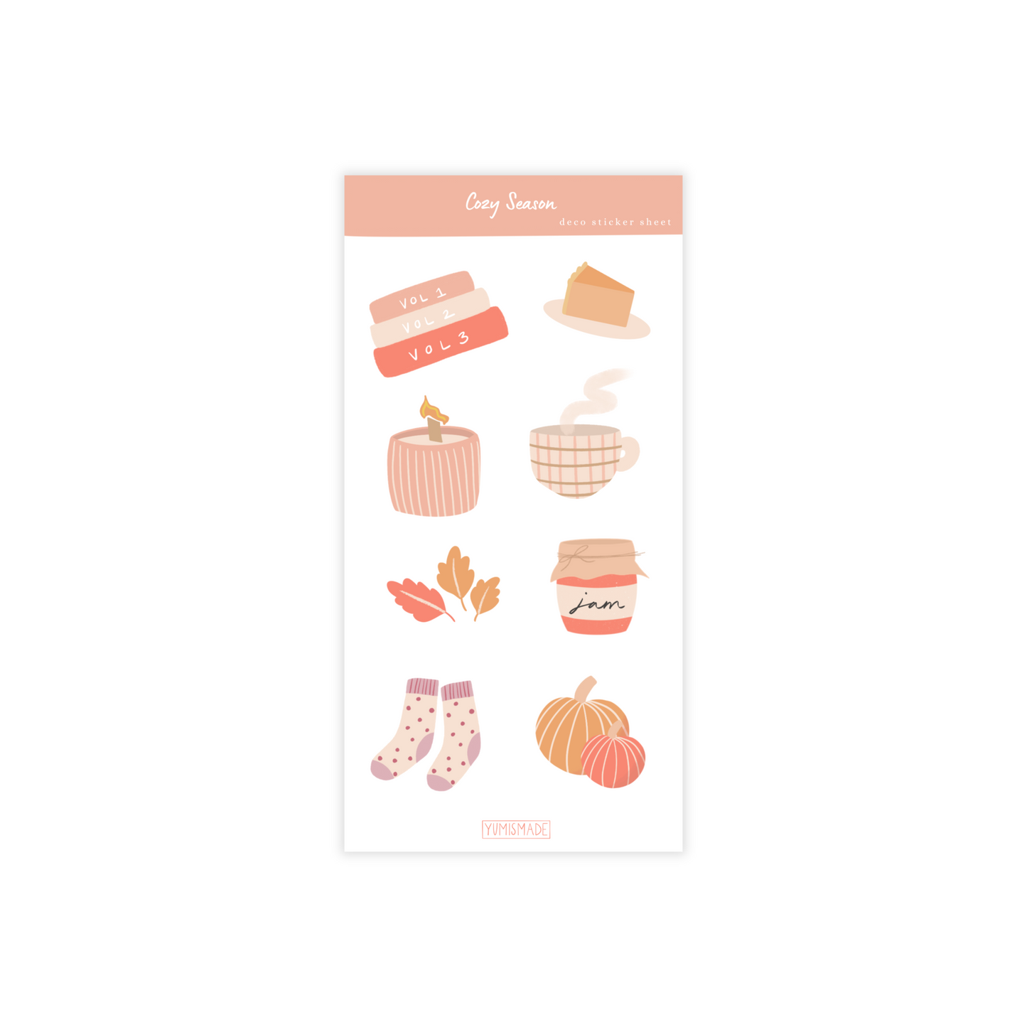 Sticker sheet with cozy fall sticker designs of pies, mugs, jam, foliage, pumpkins, candles, and cozy socks