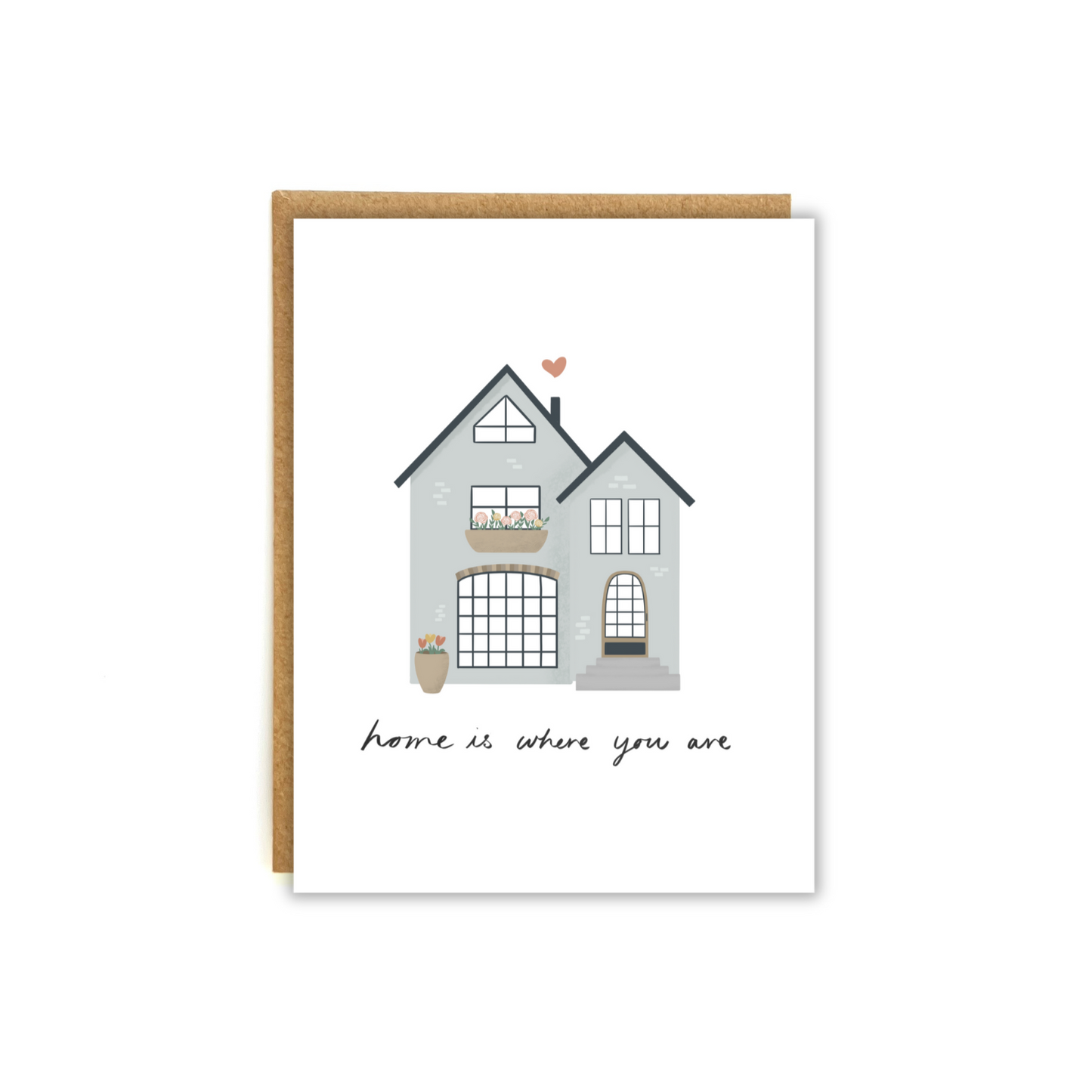 Cozy house illustration with a small heart coming out of the chimney. Featuring the phrase "home is where you are"