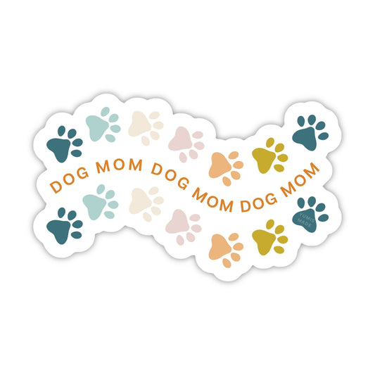 Sticker with paw prints and 'DOG MOM' text on a white background