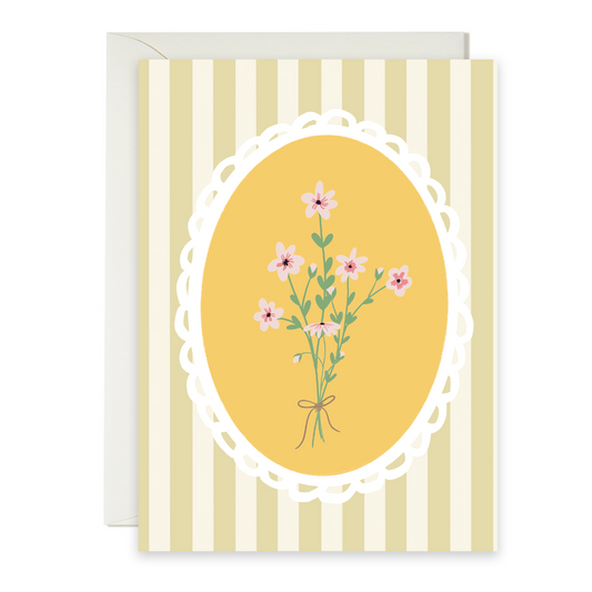 Greeting card with floral design on a yellow striped background