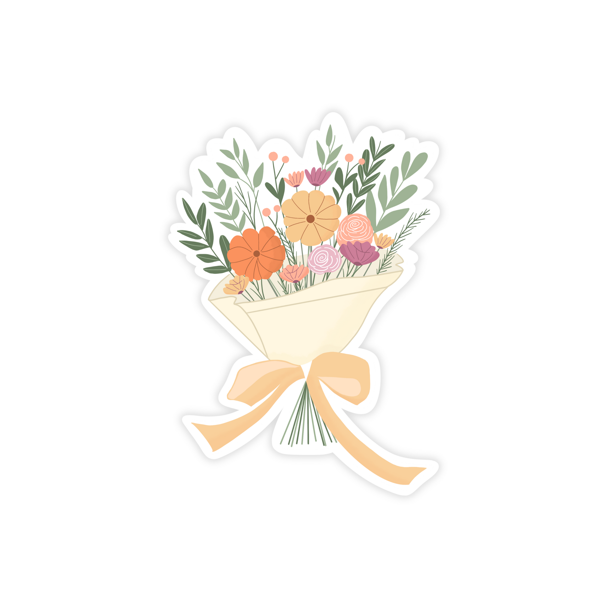 Sticker with illustration of flower bouquet tied with a ribbon
