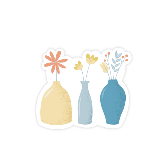 Sticker with illustration of three assorted flower vases