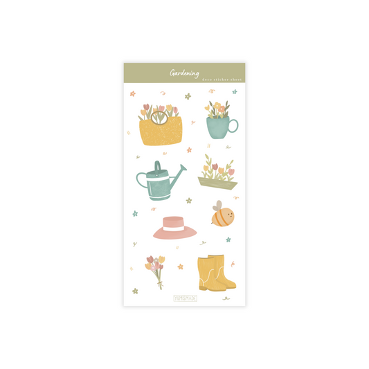 Sticker sheet with garden related illustrations like flowers, boots, bees, hat