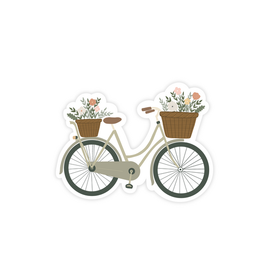 Sticker with illustration of a green bike with a flower basket.