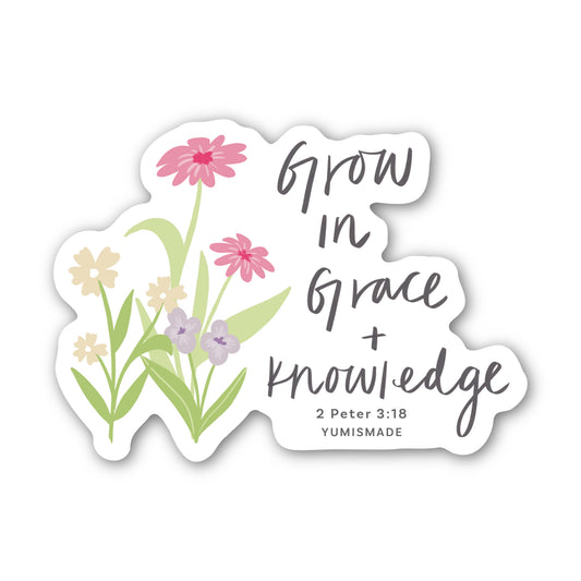 Sticker with floral design and 'Grow in grace + knowledge' text on a white background