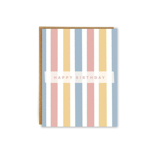A fun card with a stripe pattern with the phrase "happy birthday"