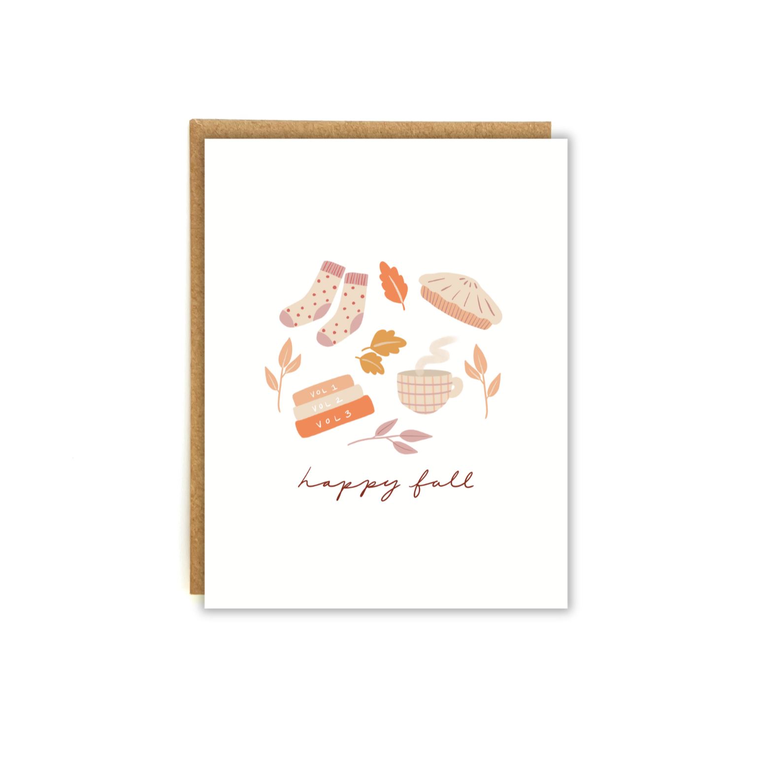 Cozy socks, pie, books and a mug. The phrase "happy fall" below.