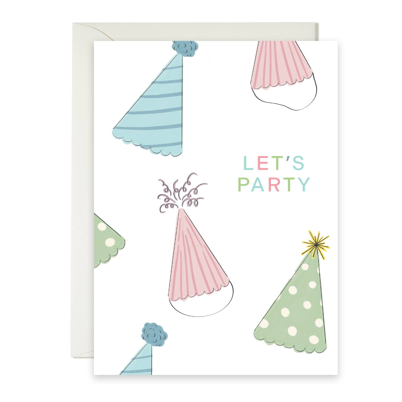 Greeting card with colorful party hats and 'Let's Party' text on a white background