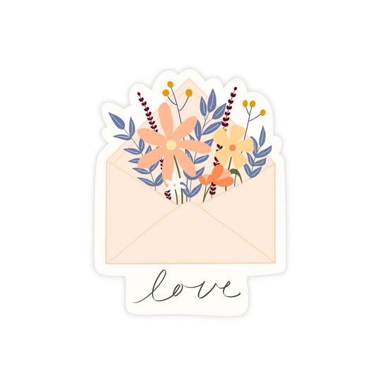 Sticker illustrating a letter mail with overflowing flowers, with handwritten script "love" underneath.
