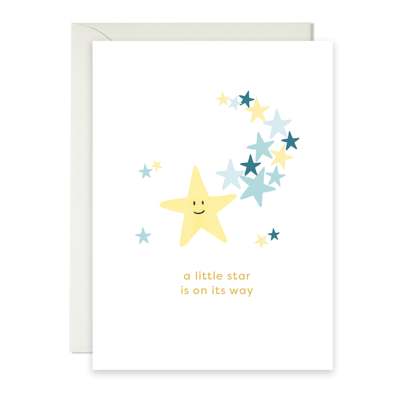 Greeting card with a smiling star and text 'a little star is on its way' on a white background.