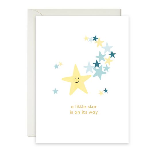 Greeting card with a smiling star and text 'a little star is on its way' on a white background.