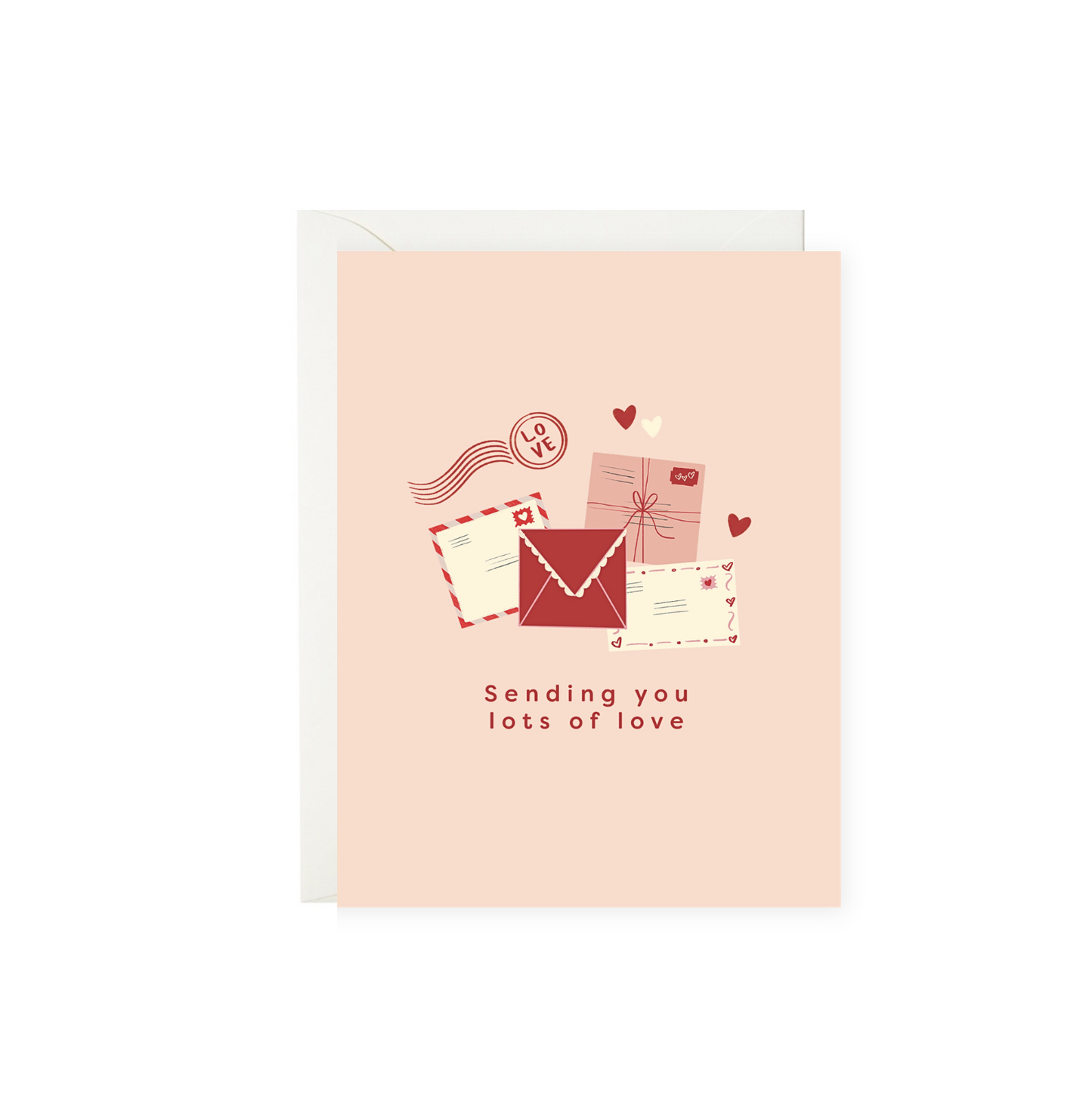 Greeting card with envelopes and hearts on a pink background