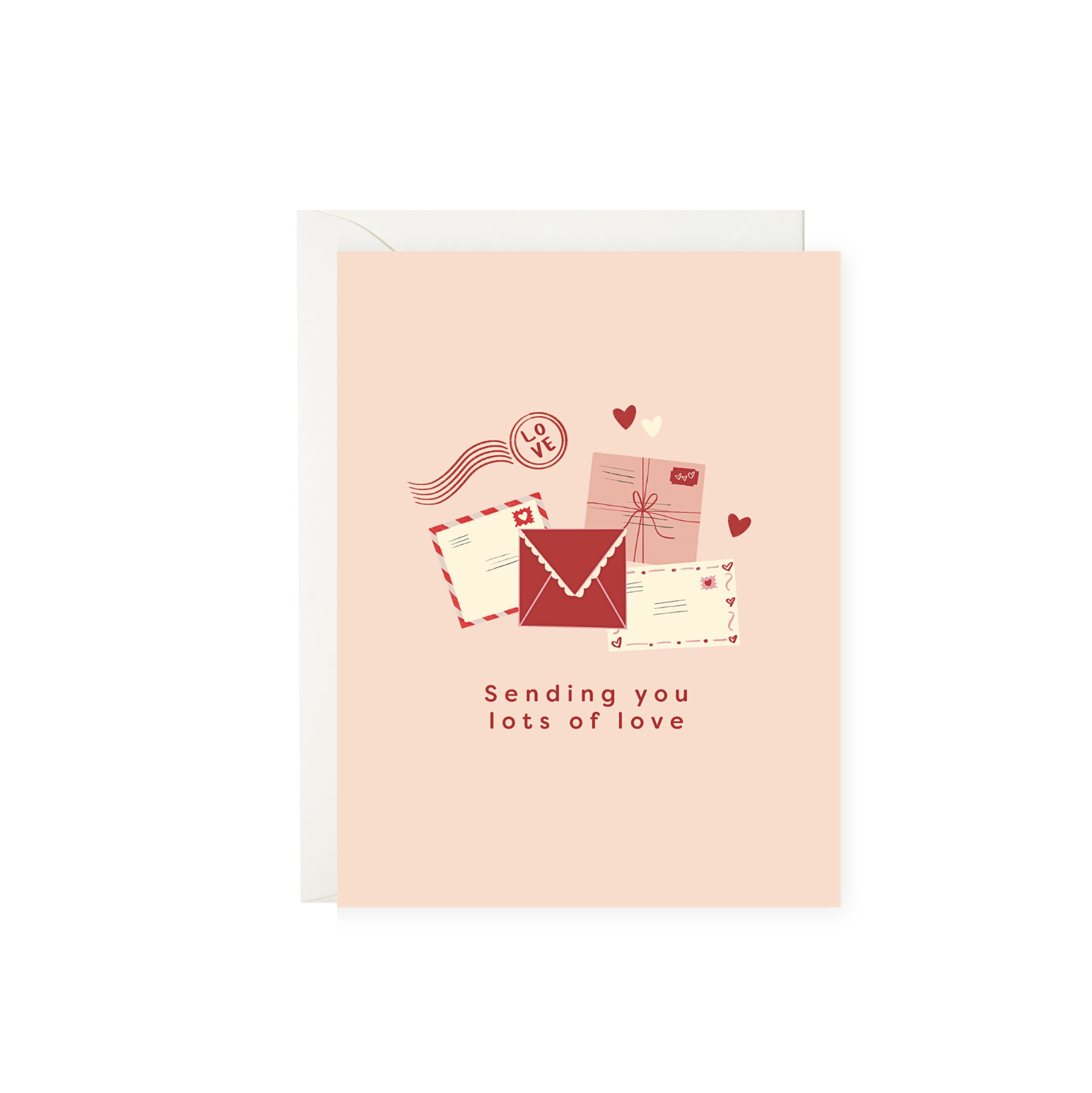 Greeting card with envelopes and hearts on a pink background