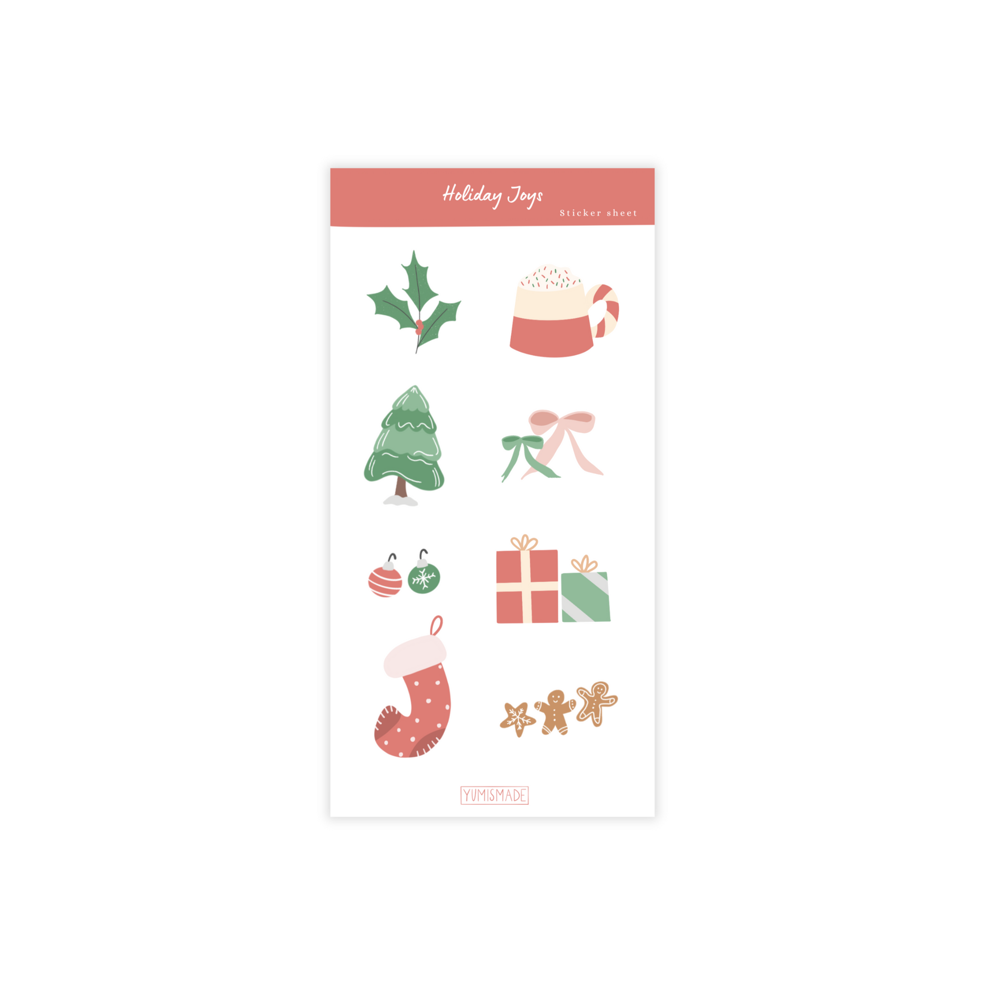 Sticker sheet featuring illustrations of festive holiday joys like trees, ornaments, cocoa