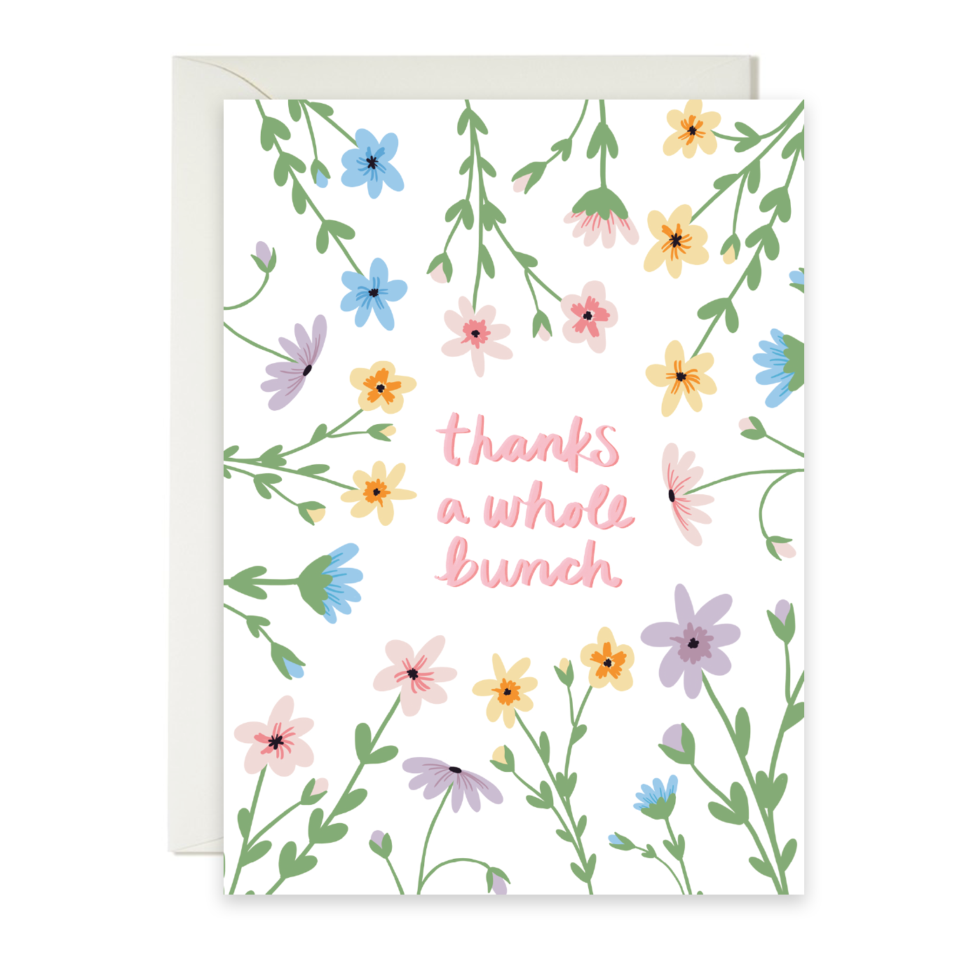 Greeting card with abundant flowers with 'thanks a whole bunch' text on a white background